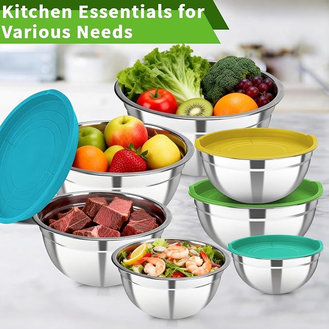 7 Pcs Stainless Steel Mixing Bowls with Colorful Lids Set Metal Salad Bowls | Nesting Design for Kitchen Mixing/preping/Saving, Size: 0.7, 1.1, 1.5, 2.1, 3.5, 4, 4.5Qt - Image 7