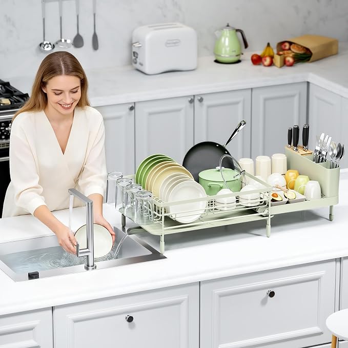 Urackify Extendable Dish Rack, 18.5"-26.7" L x 12.7" W, Soft Celery Green | Multifunctional large dish rack with cup holder and built-in cutlery holder for versatile drying needs - Image 9