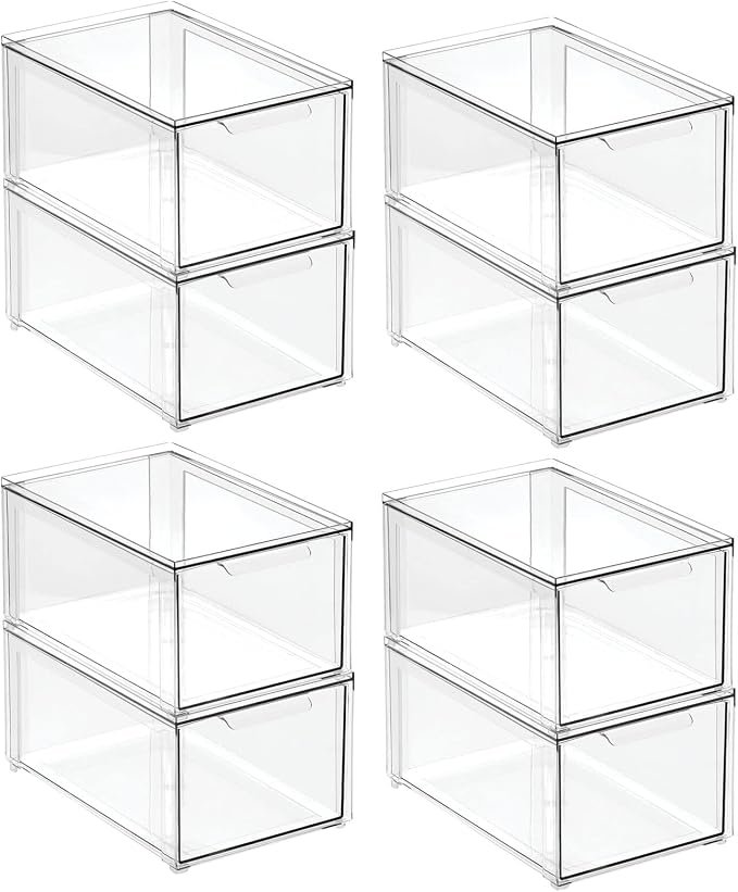 mDesign Plastic Stackable Bathroom Storage Organizer Bin with Pull Out Drawer for Cabinet, Vanity, Shelf, Cupboard, Cabinet, or Closet Organization - Lumiere Collection - 8 Pack - Clear - Image 8