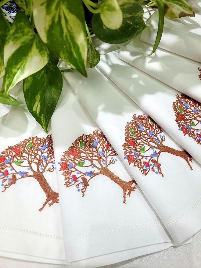 Embroidered Cotton Napkins with Tree of Life and Birds. Set of 6, 18"x18" White Table Napkins, Hemstitch Dinner, Party Napkins for Daily & Holidays, Events - Image 9