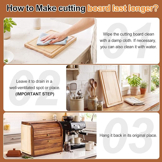 Alpeir Roll Top Bread Box with Cutting Board for Kitchen Countertop, Brown | Large Breadbox with Ventilation Holes, Double Layer Pantry Shelf, Wooden Homemade Bread Storage Container, Vintage Farmhouse - Image 9