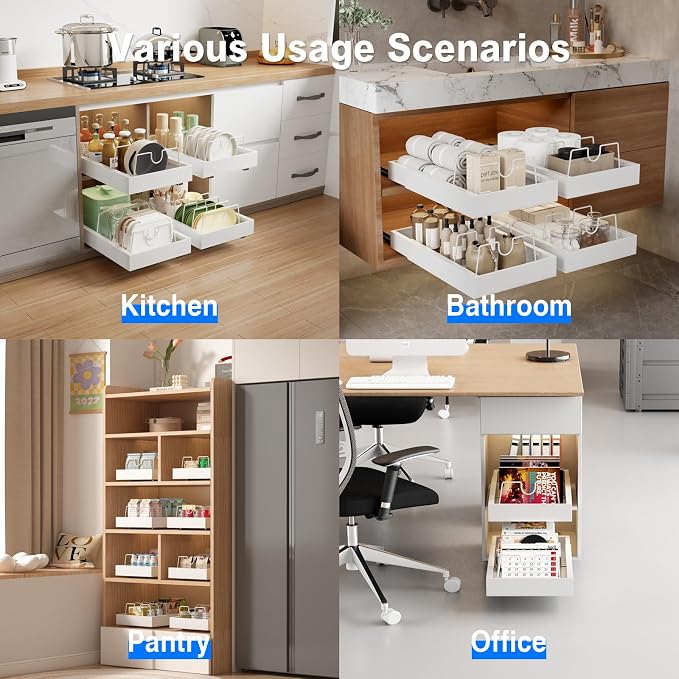 Mustorn 2 Pack Pull Out Cabinet Organizer with 8 Dividers,21.8" Deep Slide Out Drawers for Cabinets Adhesive Pull Out Drawers Heavy Duty Pull Out Shelves for Kitchen, Cupboard, Pantry, Bathroom-White - Image 7