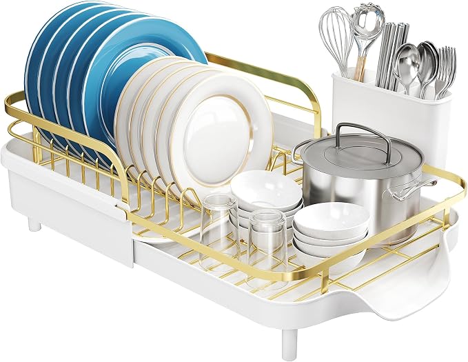 SNTD Expandable Dish Drying Rack for Kitchen Counter, 15.2-22.1 in, Gold | Rust-Resistant Stainless Steel, Protective Side Rails, Self-Draining Drainboard, Removable Utensil Holder - Image 8
