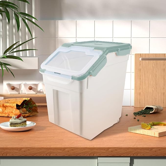 Rice Storage Container 2 Pack 50 lb Flour Storage Container with Wheels, BPA Free Food Storage Container with Measuring Cup Dog Cat Food Bin Set for Dry Food Sugar, Cereal-Green - Image 5