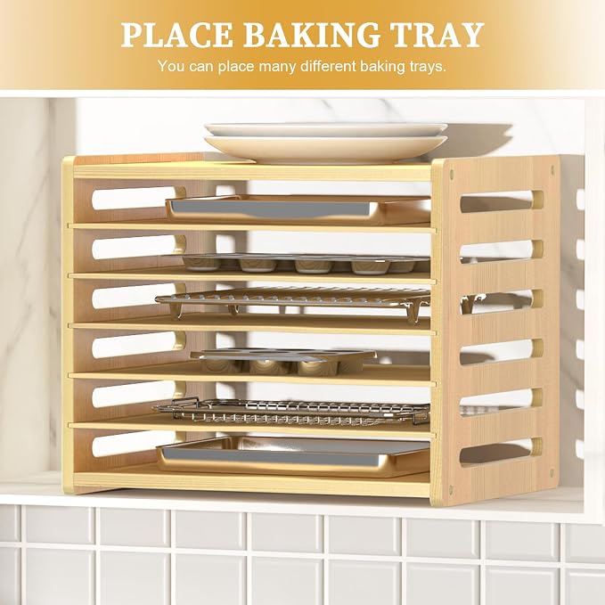 7 Tier Large Size Wooden Tray Dividers for Cabinets, Cookie Sheet Organizer | Premium Wood, Multiple Sizes, Saving Space, Vertical Tray Dividers for Storing pans, Baking trays, Cutting Board - Image 8