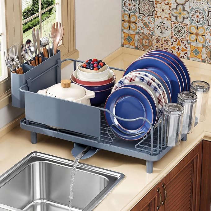 KINGRACK Dish Drying Rack for Kitchen Counter, Dish Drainer with Cup Holder | 16.9"L x 12.4" W Dish Rack with Spacious Drying Capacity, Quick Auto Dish Drainer for Plate Dish Dinnerware, Blue - Image 8