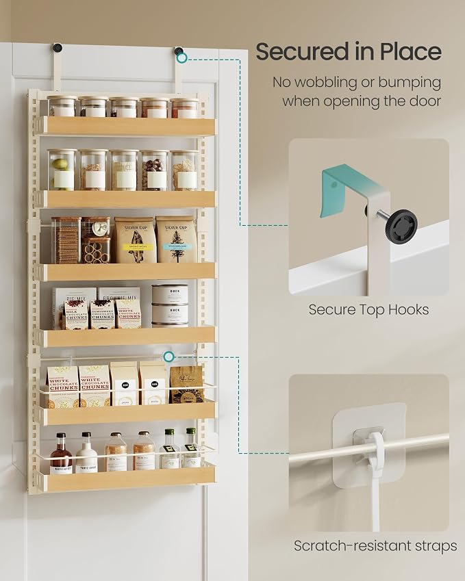 SONGMICS 6-Tier Over the Door Pantry Organizer, Adjustable Spice Rack with Anti-Tipping Wire, Wall Mounted Storage, 16.9 x 6.2 x 55.3 inch, Matte White, UKCS048W101 - Image 6
