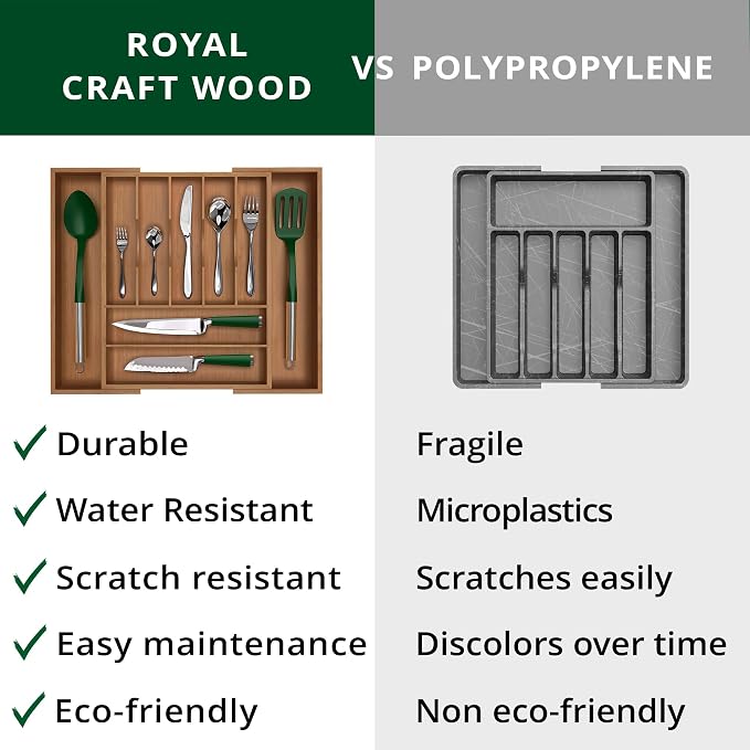 ROYAL CRAFT WOOD Luxury Bamboo Kitchen Drawer Organizer - Silverware Organizer - Utensil Holder and Cutlery Tray with Grooved Drawer Dividers for Flatware and Kitchen Utensils (9 Slot, Brown Bamboo) - Image 9