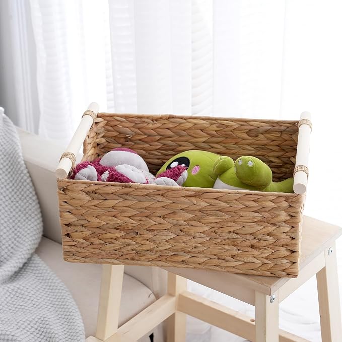 Wicker Storage Basket, Woven Shelf Organizer, 15.5x10.8x6.2 | 15.5x10.8x6.2" natural wicker basket with handles; rectangular shelf organizer for kitchen, bathroom and living spaces. - Image 6