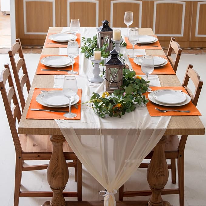 Linen Placemats Set of 8, Machine Washable, Heat Resistant, Wrinkle Free, Thick Polyester Kitchen Place Mats for Dining Table (Orange) - Image 7