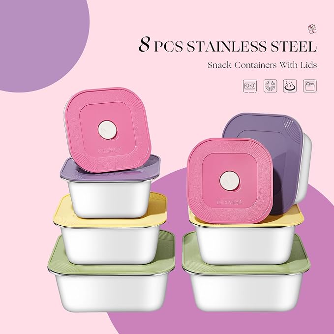 8-Piece Stainless Steel Food Storage Containers Set with 4 Colorful Lids – Airtight & Leakproof for Meal Prep, Lunch, Leftovers – BPA-Free, Dishwasher Safe – Durable Kitchen & Office Organizers - Image 6