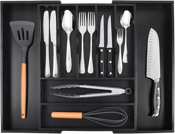 Large Premium Bamboo Silverware Organizer - Expandable Utensil Drawer Organizer - 17"x19.6" Utensil Holder and Cutlery Tray with Grooved for Kitchen Flatware and Utensils(7-9 Slot, Black) - Image 8