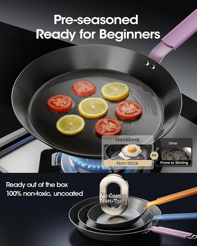 Carbon Steel Skillet 12 Inch, Nitrided Steel Frying Pan, Preseasoned Rust Resistant Large Cooking Pan with Ergonomic Handle & Removable Silicone Grip, Induction & Oven Safe | Natural Patina Development with No Chemical Coating; Spacious Cooking Surface... - Image 6