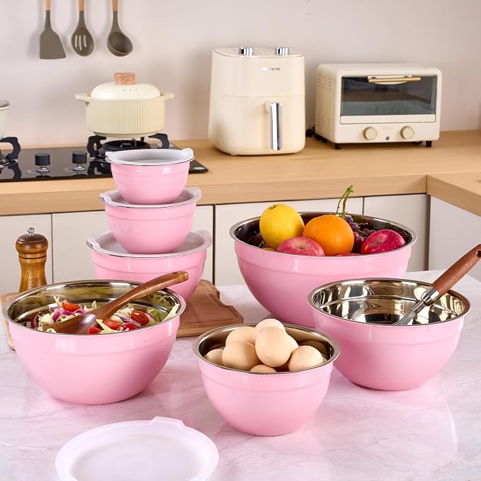 Pink Mixing Bowls with Lids Set of 7, Stainless Steel Nesting Bowl with Khaki Lid for Non-slip Mixing Prepping Storing Serving, 7 Sizes-7/3.6/2.7/2.1/1.5/1/0.8 QT - Image 9