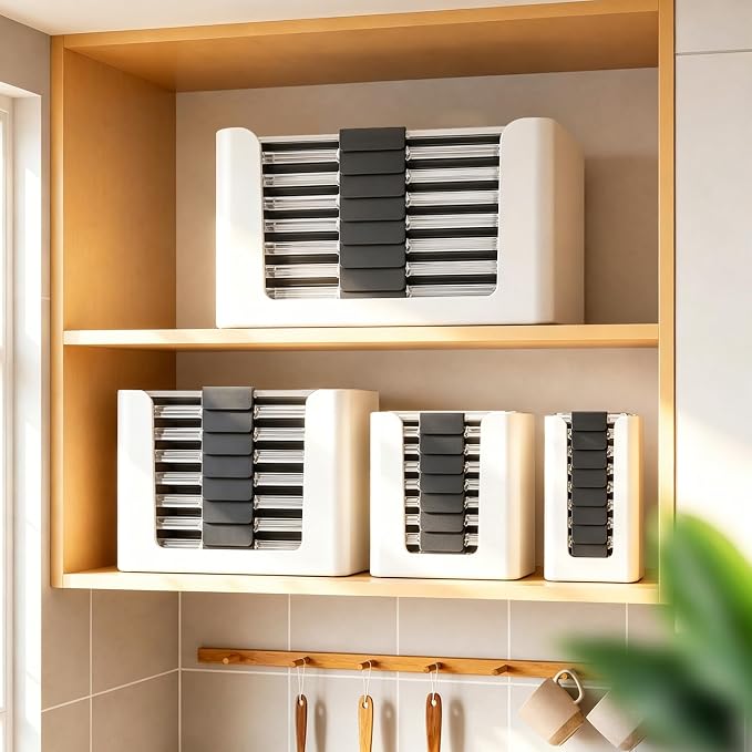 Food Storage Container Lids Organizer for Rubbermaid Brilliance Nap-On Lids | Stackable Food Storage Container Lid Organizer -- Fits 0.5, 1.3, 3.2, 4.7 & 9.6 Cups -- Holds 32 Lids (White,4-Piece Bundle) - Image 7