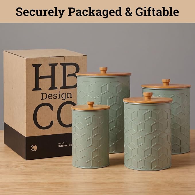 Kitchen Canisters for Countertop Set of 4, Textured Iron w/ Airtight Lids | Airtight Easy Open Bamboo Lids - Dent-Resistant Thick Metal - Sturdy Comfortable Bamboo Handles - Raised Textured Pattern - Image 9