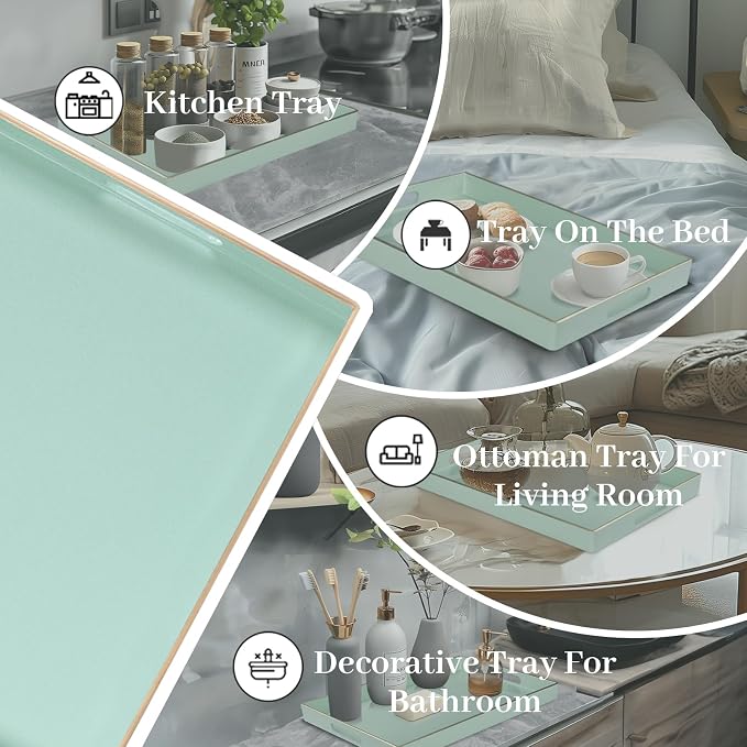 Mint Green Decorative Tray for Ottoman, Serving Tray with Handles | Plastic Melamine Tray, Modern Coffee Table Tray, Rectangle Countertop Organizer Tray for Living Room, 15.8"L x 10.2"W x 1.4"H - Image 7