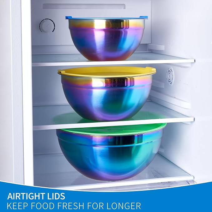 Rainbow Mixing Bowls With Airtight Lids,Stainless Steel Bowl,Salad Bowls 4 Piece Colorful Nesting Bowl Rainbow Kitchen Accessories,Size 5.5,3.6,2.1,1.5 QT Stackable Design - Image 7