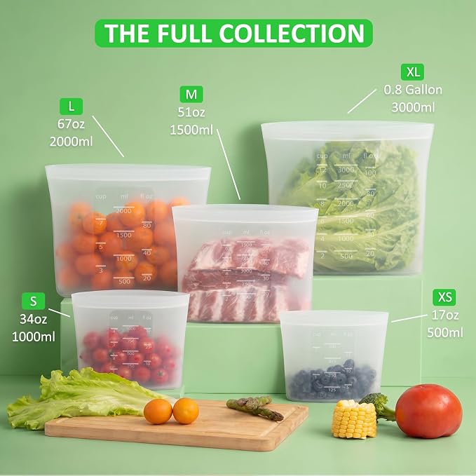 100% Platinum Silicone Reusable Food Storage Bags, 4 Pack, 17fl.oz/500ml | Premium Silicone Reusable Storage Bag, Stand-Up Wide-Mouth Ziplock, X-Small Size, Freezer Microwave Dishwasher Safe, Clear - Image 8