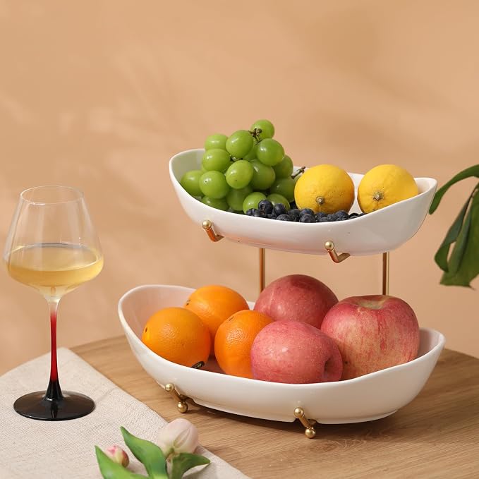 Large Size 2 Tier Ceramic Fruit Bowl,(13.4 and 11 inch Plate)More Storage Space, Golden Metal Stand for Kitchen Counter,Porcelain Fruit Basket for Countertop, Snack, Nuts, Cake, Dessert - White - Image 7