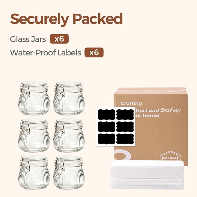 ComSaf Small Ribbed Glass Jars with Airtight Lids 17 oz 6 Pack Wide Mouth | Flour sugar coffee beans, Fermenting pickling, Farmhouse pantry decor, Jam jelly honey, Nuts snacks spices, Kitchen storage - Image 8
