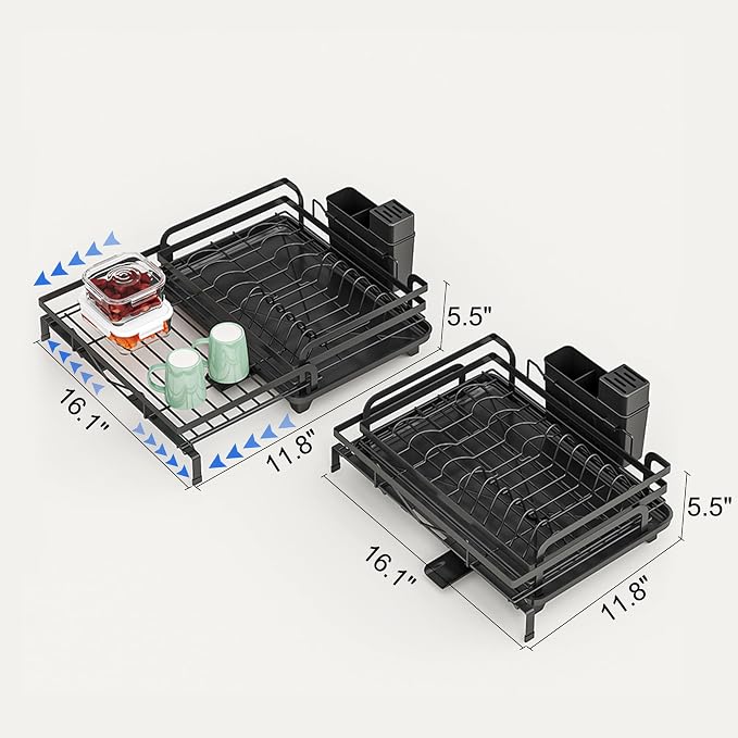 Extendable Dish Drying Rack, Space-Saving Dish Rack for Kitchen Counter, Stainless Steel Dish Strainer with Utensil Holder and Drainboard (Black) - Image 7