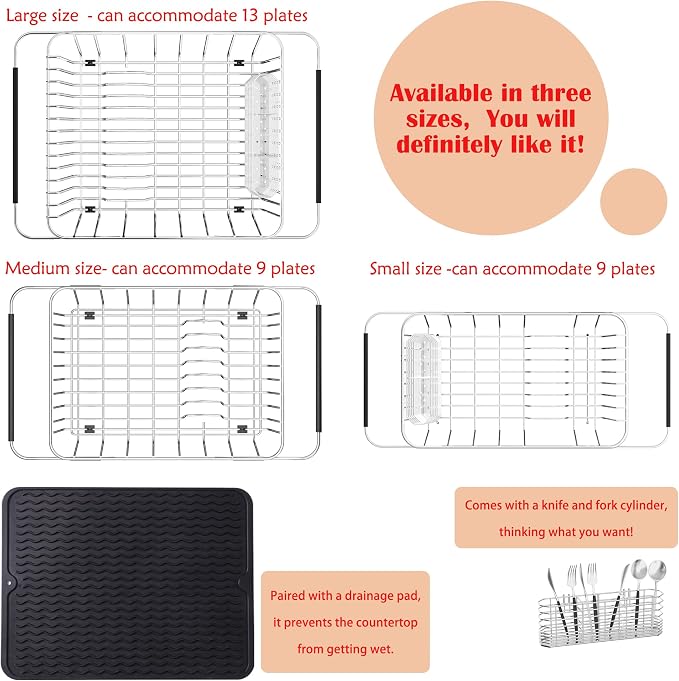 NiuYichee Stainless Steel Dish Drying Rack(14.2"L x 9.5"W x 4.1"H), Expandable Fruit & Vegetable Drain Rack over Sink, Dish Drainer Rack in Sink, with Stainless Steel Utensil Holder & 16" Silicone Mat - Image 11