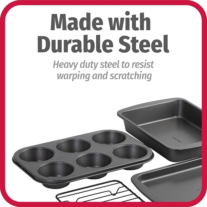 GoodCook 4-Piece Nonstick Steel Toaster Oven Set with Sheet Pan, Rack, Cake Pan, and Muffin Pan, Gray, 4-Piece Set Distributes Heat Evenly, Nonstick Coating, Dishwasher-Safe - Image 6