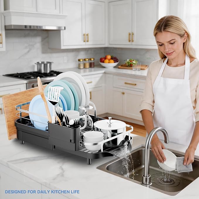 Expandable Stainless Steel Single Tier Dish Drying Rack, Auto Drain Dish Drainer for Kitchen Counter with Rotatable Multi-Slot, Drainboard, Utensil & Cutting Board Holder, 15"-22.4" Adjustable Length - Image 9