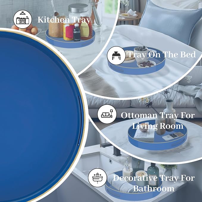 13" Blue Decorative Tray, Plastic Round Serving Tray with Handles | Decorative Tray for Coffee Table, Modern Ottoman Tray, Circle Tea Tray, Round Melamine Tray for Living Room, Bathroom - Image 7