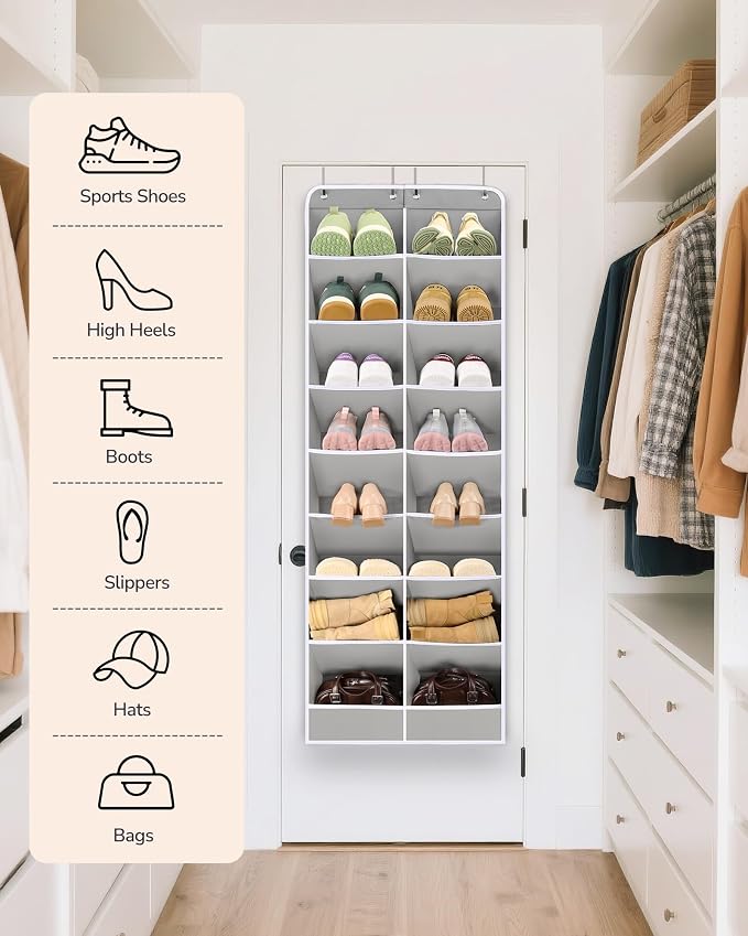 ULG Over The Door Shoe Organizer with 16 Large Pockets, Hanging Shoe Rack for Closet Door, Space Saving Shoe Storage for Boots, Heels & Sneakers,Grey - Image 8
