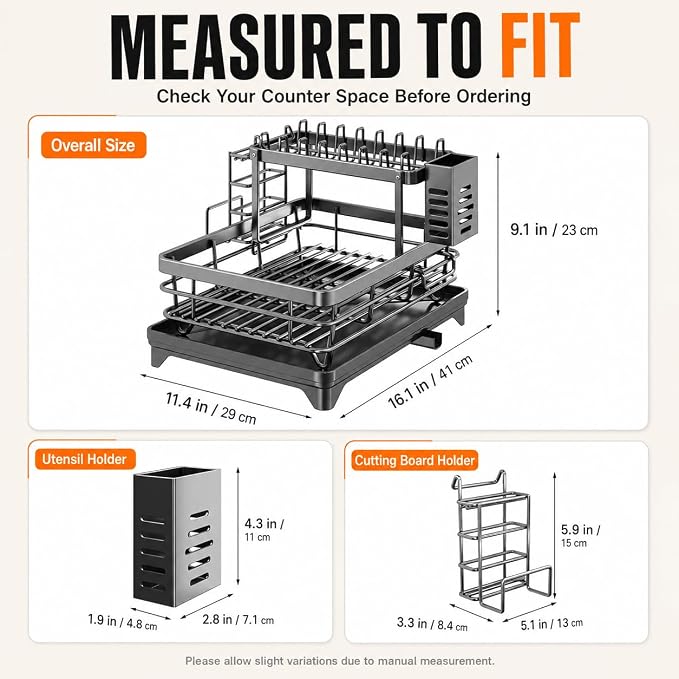 Large 2 Tier Dish Drying Rack for Kitchen Counter, Carbon Steel Dish Drainer with Drainboard and 360° Swivel Spout, Utensil, Knife and Cutting Board Holders, No Assembly Required, Grey - Image 8