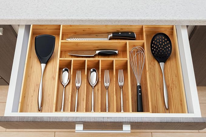 Extra Large Expandable Kitchen Siverware Utensils Drawer Organizer, 19" Deep for Big Drawer, Adjustable Bamboo Wood Drawer Divider with Curved Grooves, Cutlery Tray Flatware Holder - Image 6