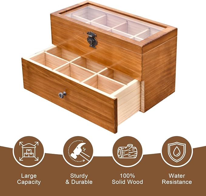 WELLAND Wood Tea Bag Organizer, Storage Box with Clear Acrylic Window, 2-layer 14 Compartments Large Capacity Tea Bag Holders, Gift Idea - Image 8