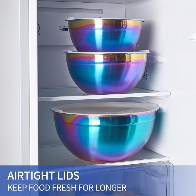Rainbow Mixing Bowls With Airtight Lids,Stainless Steel Bowl,Salad Bowls 7 Piece Colorful Nesting Bowl Rainbow Kitchen Accessories,Size 7,3.6,2.7,2.1,1.5,1.1,0.8QT Stackable Design - Image 7