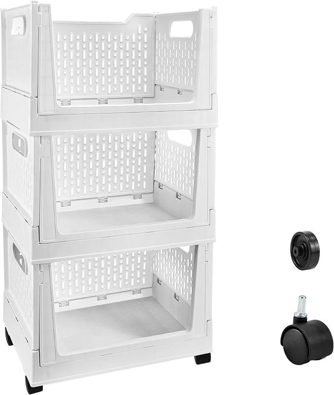Stackable Plastic Storage Basket, 3 Pack Foldable Closet Organizers and Storage Bins with Wheels, Collapsible Drawer Shelf Storage Box Container for Office Bedroom Closet Wardrobe Kitchen Bathroom - Image 9