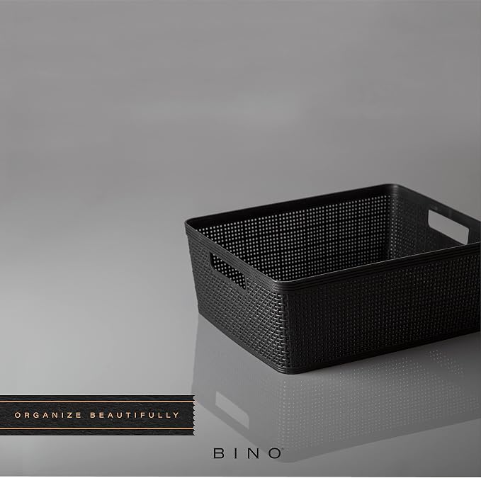 BINO | Woven Plastic Basket | Medium (Black), 4-Pack | THE JUTE COLLECTION | Home Organization, Space - Saving Storage, Stylish Design | Jute Basket | Plastic Storage Basket - Image 6