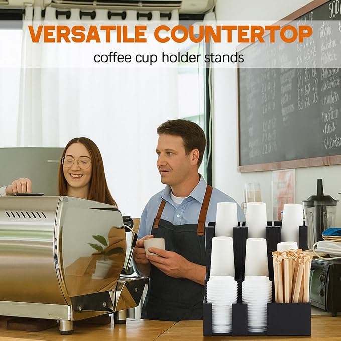 CroBlissful Wooden Vertical Coffee cup and lid dispenser, coffee condiment organizer, 9 Compartment for Disposable Paper & Plastic Cup, for cabinet Station Home Countertop Bar 13''l x 13''w x 12''h - Image 7