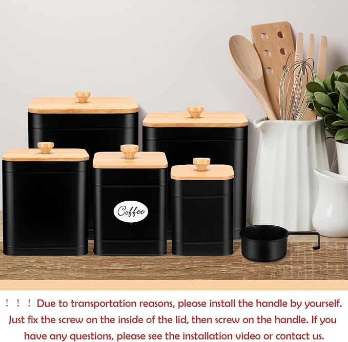 5 Pcs Black Kitchen Canisters for Countertop with Labels Airtight Metal Containers Coffee Tea Sugar Flour Jars with Spoon Farmhouse Big Food Storage Set for Kitchen - Image 6