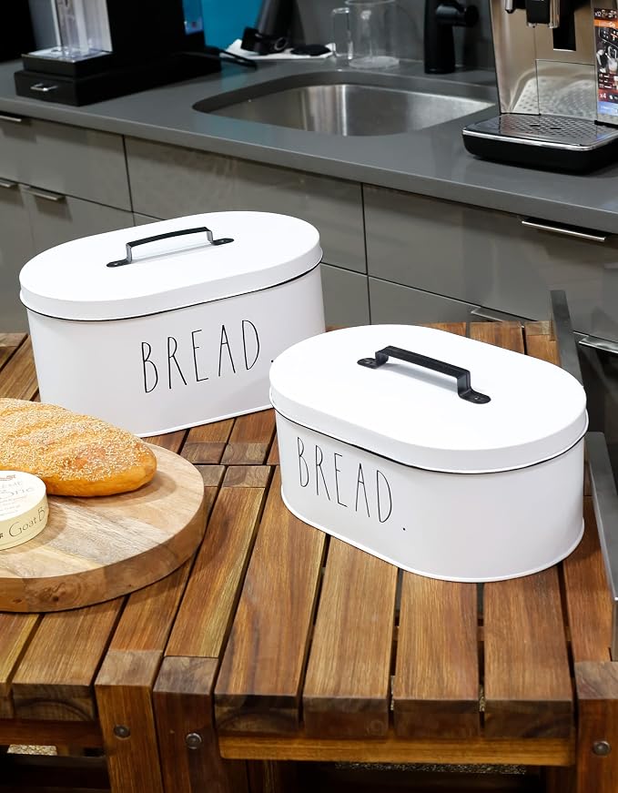 Rae Dunn Bread Box - Bread Box for Kitchen Countertop - 15" x 8" x 10" - 13.5" x 5.5" x 8.5" - Rustic White Metal Vintage Farmhouse Breadbox - Counter Storage Container - Image 3