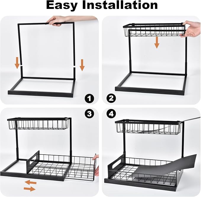 Under Sink Organizer, L-Shaped Pull Out Cabinet Organizer, Kitchen | 2 Tier Metal Slide Out Shelf for Kitchen, Bathroom, Laundry, and Utility Cabinet Storage for Deep Cabinets, Black, 1 Pack - Image 7
