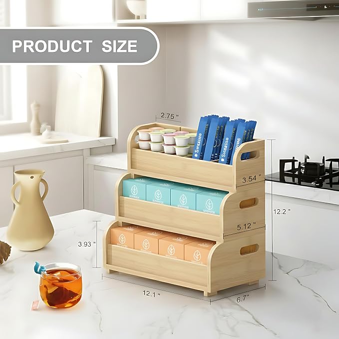 Wisuce 3-Tier Bamboo Tea Bag Organizer, Stackable Tea Holder for Countertop (Natural) - Image 7