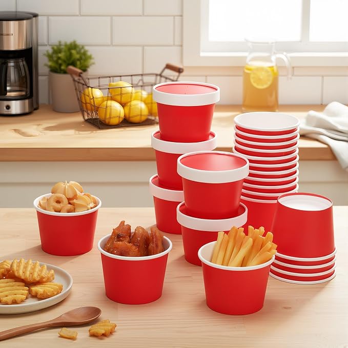 Fulmoon 100 Pack Paper Soup Containers with Lids Disposable Paper Food Containers with Vented Lid Kraft Ice Cream Cake Dessert Cups Soup Bowl for Party Hot Food Fruit Microwave(8 oz,Red) - Image 7