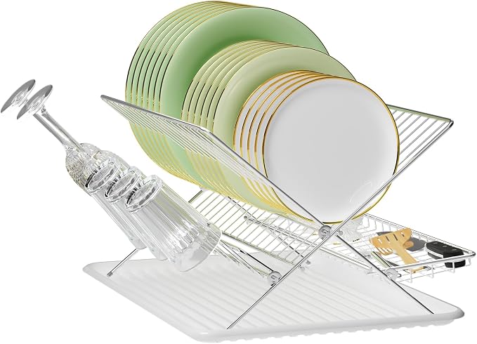 Dish Rack with Drip Tray, Stainless Steel 3-Tier Collapsible Drainer Dish Drying Rack for Kitchen Counter, Sink, Countertop,Cutlery, Dishes Utensils Flatware Holder Set, Reversible Cup Draining Rack - Image 8