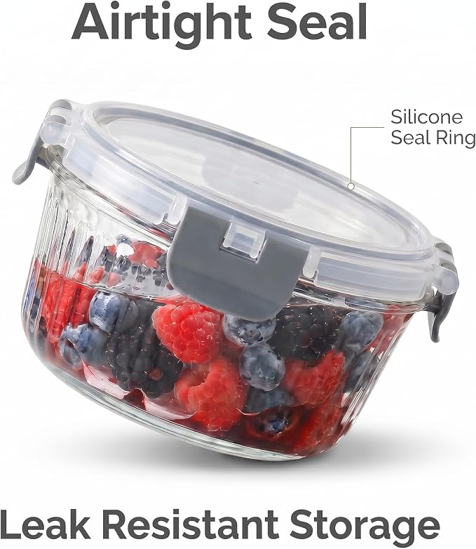 Glass Food Storage Containers with Lids, 12 Piece Glass Meal Prep Containers Set, Airtight Leakproof Snap Lock Lids, BPA-Free, Freezer Microwave Oven Dishwasher Safe, Ribbed Glass Containers - Image 9