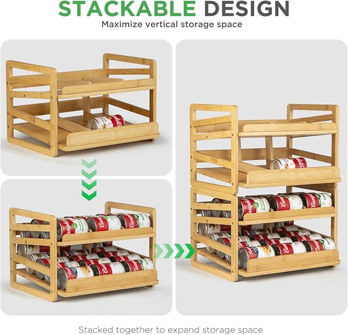2 Tier Bamboo Rolling Can Rack Organizer for Pantry Up To 27 Cans | Stackable Canned Food Organizer Rack for Storage, Kitchen Cabinet, Can Holders Dispensers for Pantry - Image 7