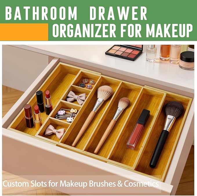 Bamboo Expandable Drawer Organizer, 15"-22" Storage Tray | Expandable 15"-22" bamboo drawer organizer with removable dividers, customizable storage for kitchen, makeup and office. - Image 9