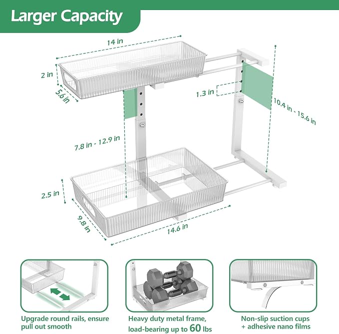 ADRIMER Under Sink Organizer 2 Packs, Pull Out Kitchen Sink Organizer, 2 Tier Slide Out Kitchen Organizers and Storage Bathroom Under Cabinet Storage Shelf, Transparent & White - Image 7