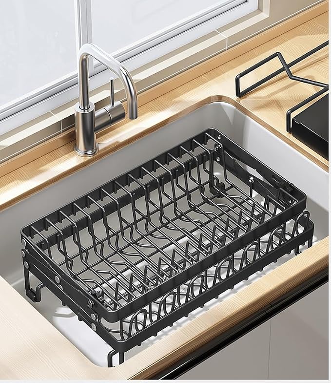 Good Grips Carbon Steel Fold Flat Dish Drying Rack, 2-Tier, with Drainboard, for Kitchen Counter, Collapsible (Black) - Image 8