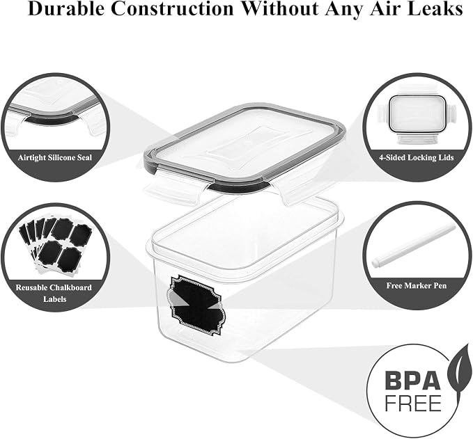 Wildone Airtight Food Storage Containers with Lids 0.8L, 16PCS, Black | Kitchen and Pantry Organization Canisters for Cereal, Pasta, Snack, Sugar, Flour, Airtight Seal, BPA Free, Includes 20 Labels - Image 8